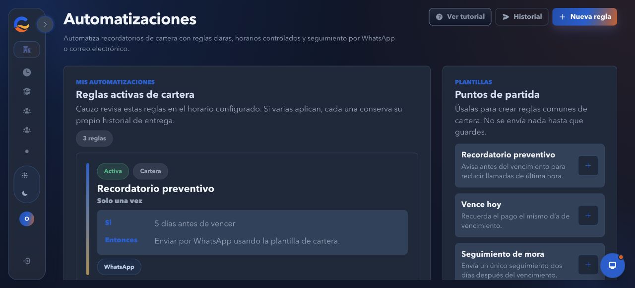 Reglas de automatización de cartera en Cauzo